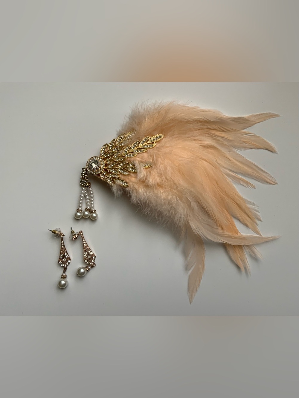 Peach Feather Fascinator Hat w/ Rhinestones & Pearl Teardrop Earrings in